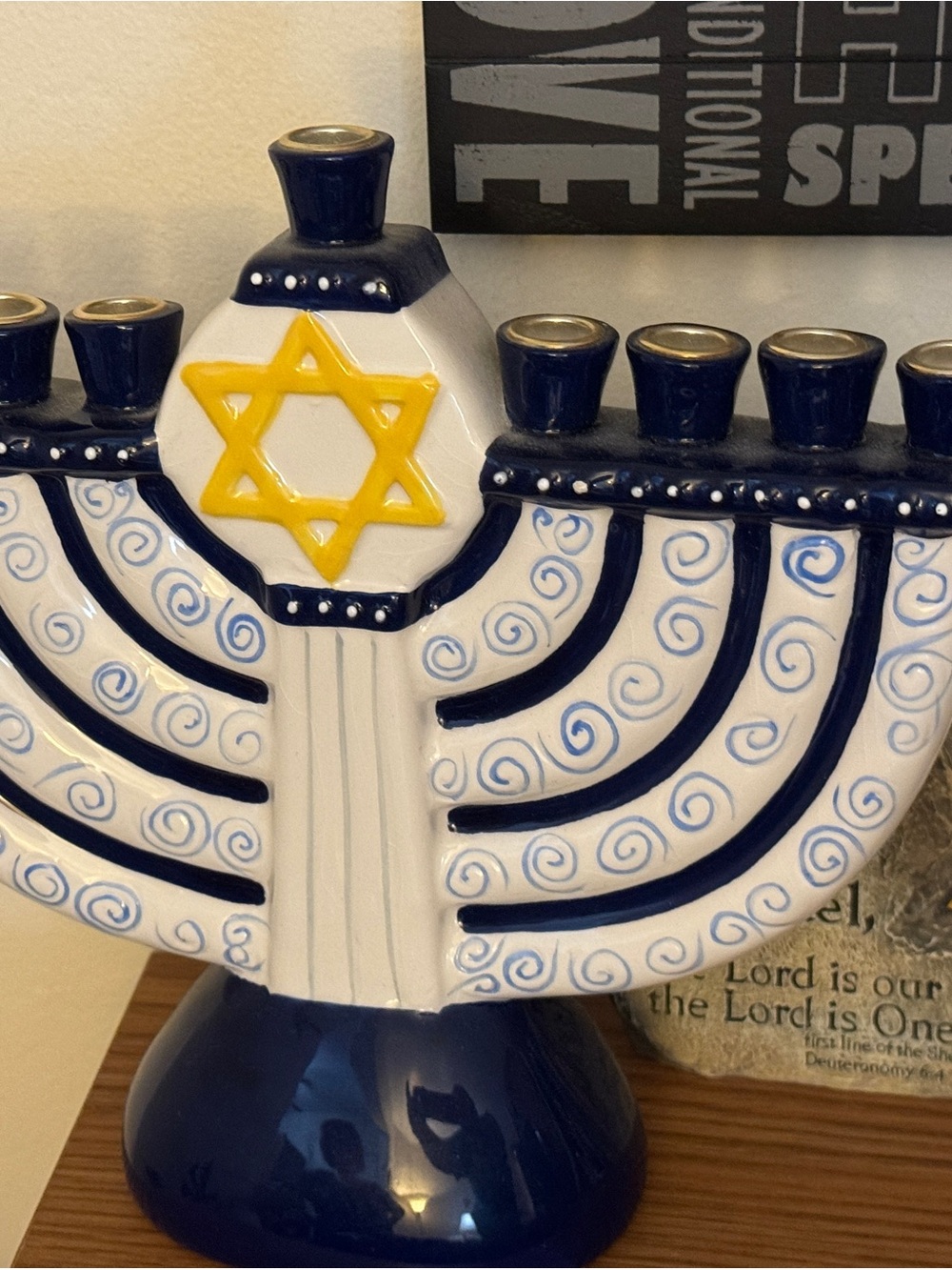 Ceramic Hanukkah Menorah with Yellow Star of David - Navy & White